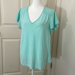 Westbound Butterfly Short Sleeve V Neck Cotton Top Soft Teal Color Size Large